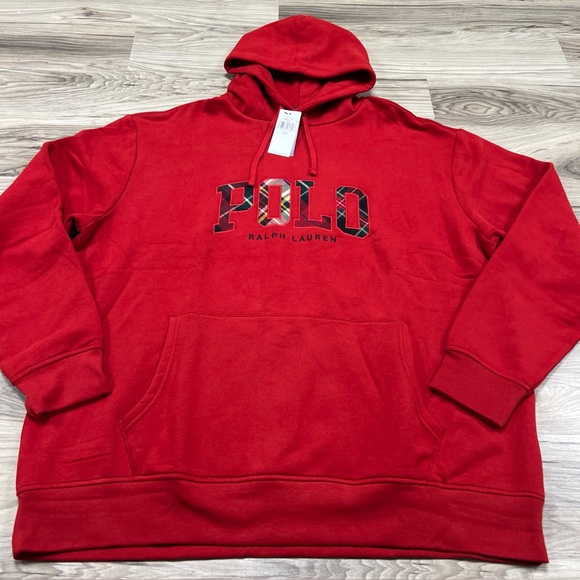 Polo Ralph Lauren Red Sweatshirt Embroiderd Spellout Plaid Logo Hoodie 2XLT $198